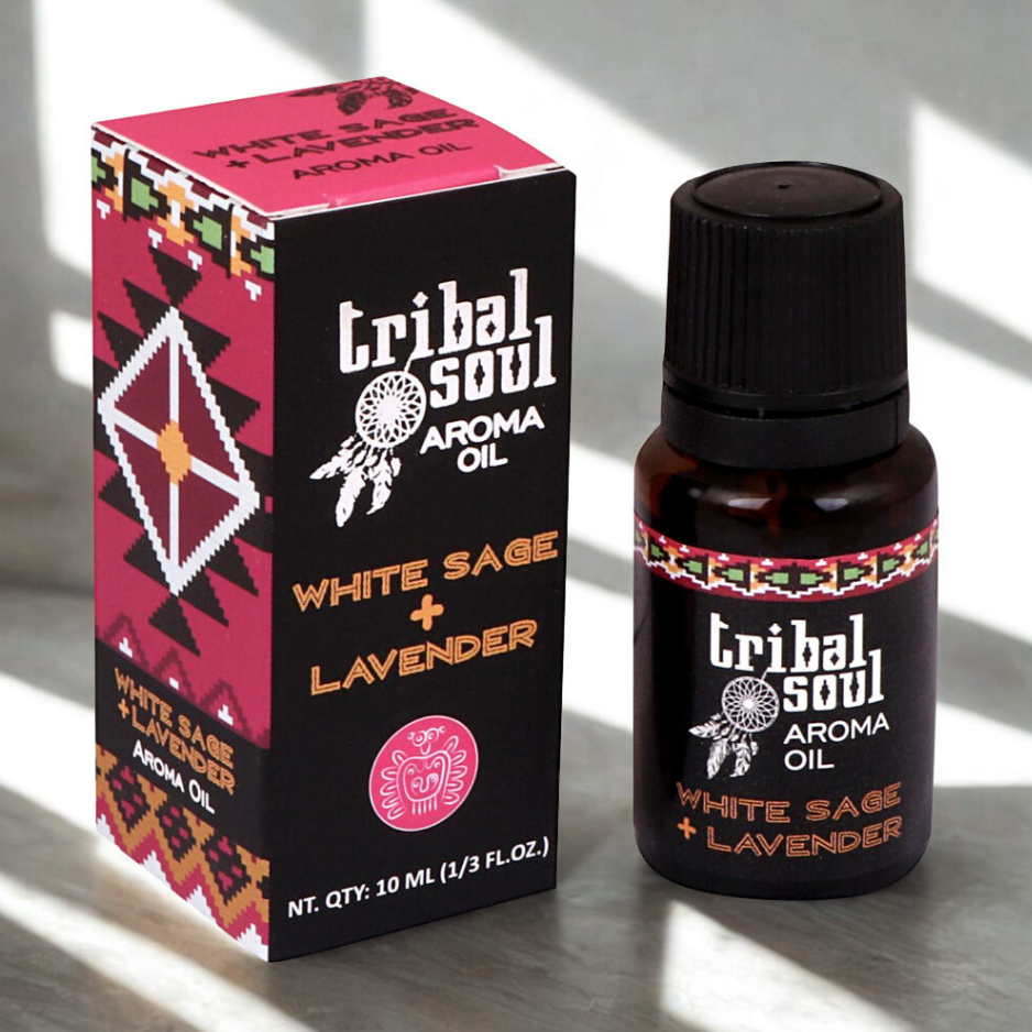 Tribal Soul White Sage and Lavender aroma oil shown in a bottle for calming scent and aromatic use.