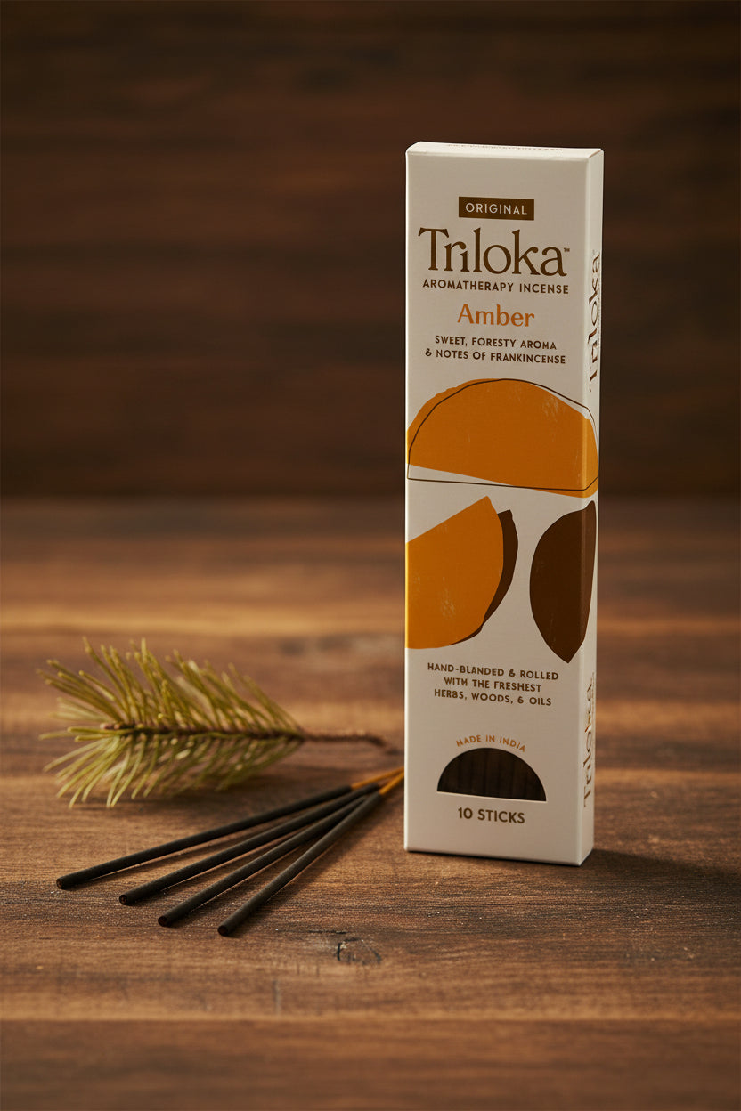 Triloka Amber Incense Sticks for meditation, yoga, and study.
