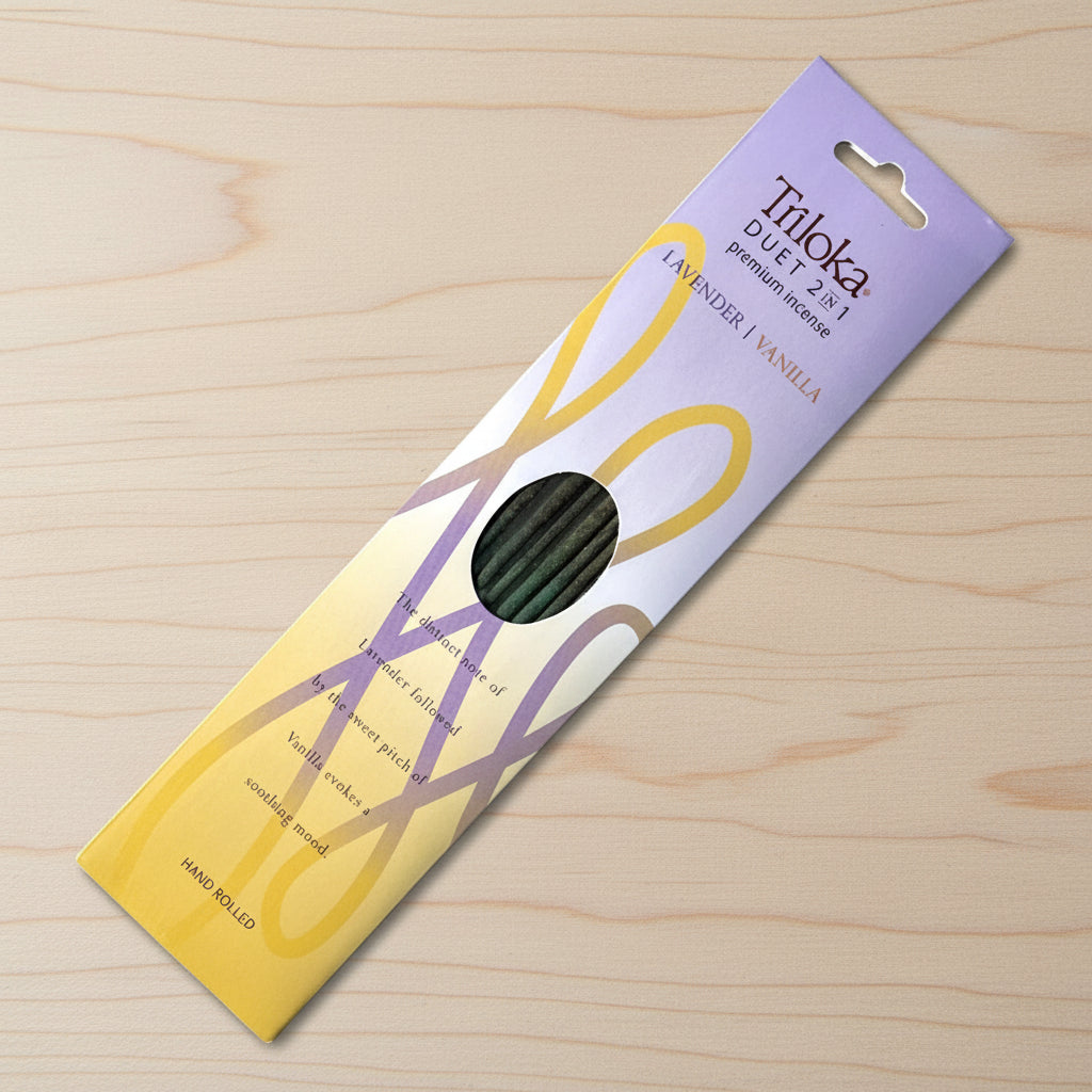 Triloka Duet Lavender-Vanilla Incense Sticks for meditation, relaxation, and winding down.