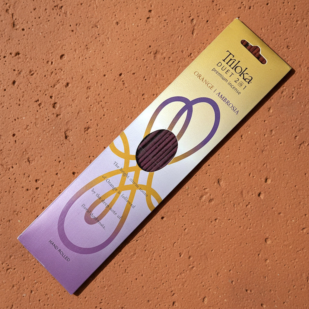 Triloka Duet Orange-Ambrosia Incense Sticks for meditation, yoga, and relaxation.