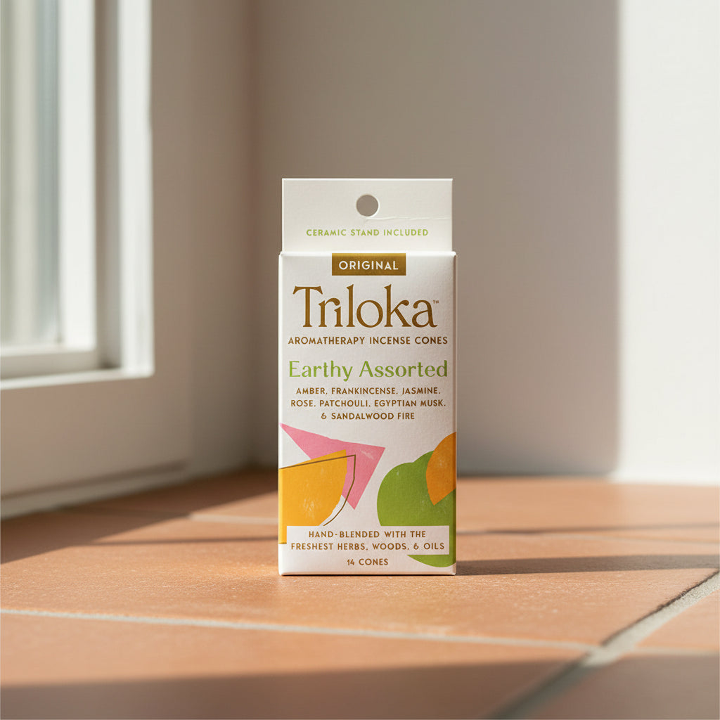 Triloka Earthy Assorted Incense Cones for meditation, yoga, and relaxation.