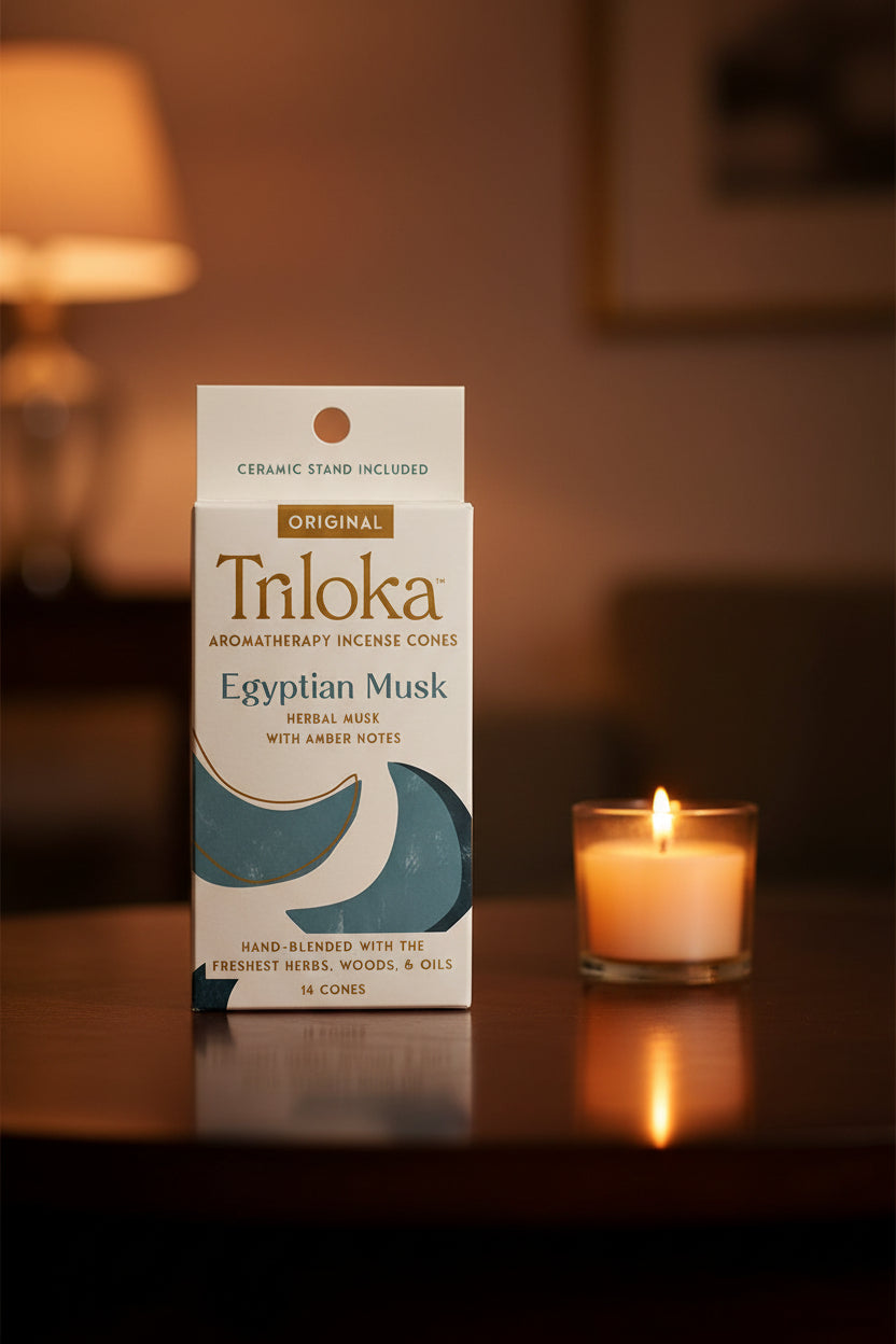 Triloka Egyptian Musk Incense Cones for romance, relaxation, and evening rituals.