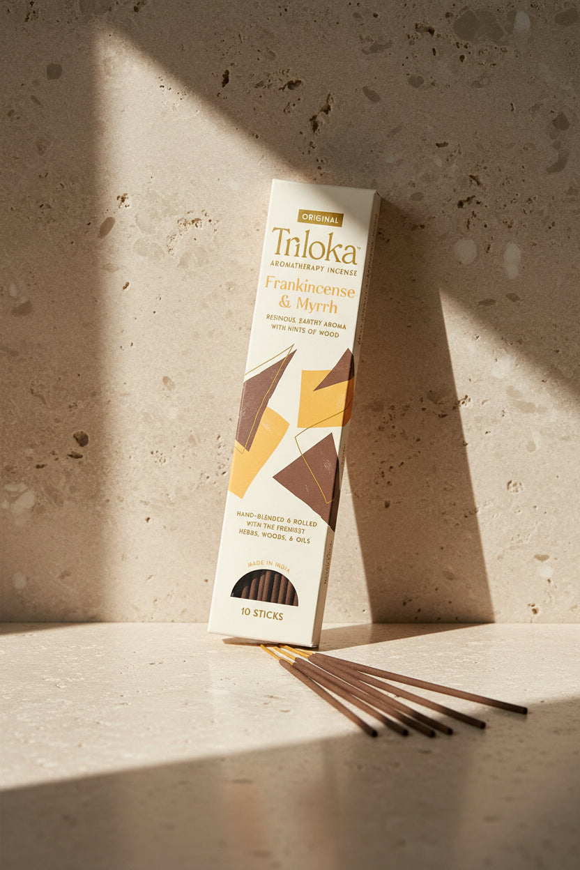 Triloka Frankincense & Myrrh Incense Sticks for meditation, relaxation, and yoga.
