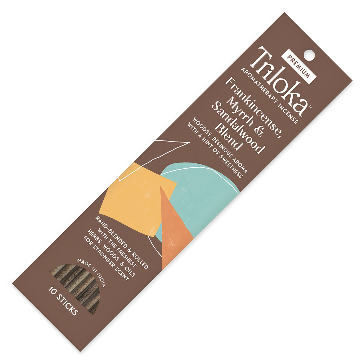 Triloka Frankincense-Myrrh-Sandalwood Incense Sticks for meditation, relaxation, and spiritual practice.