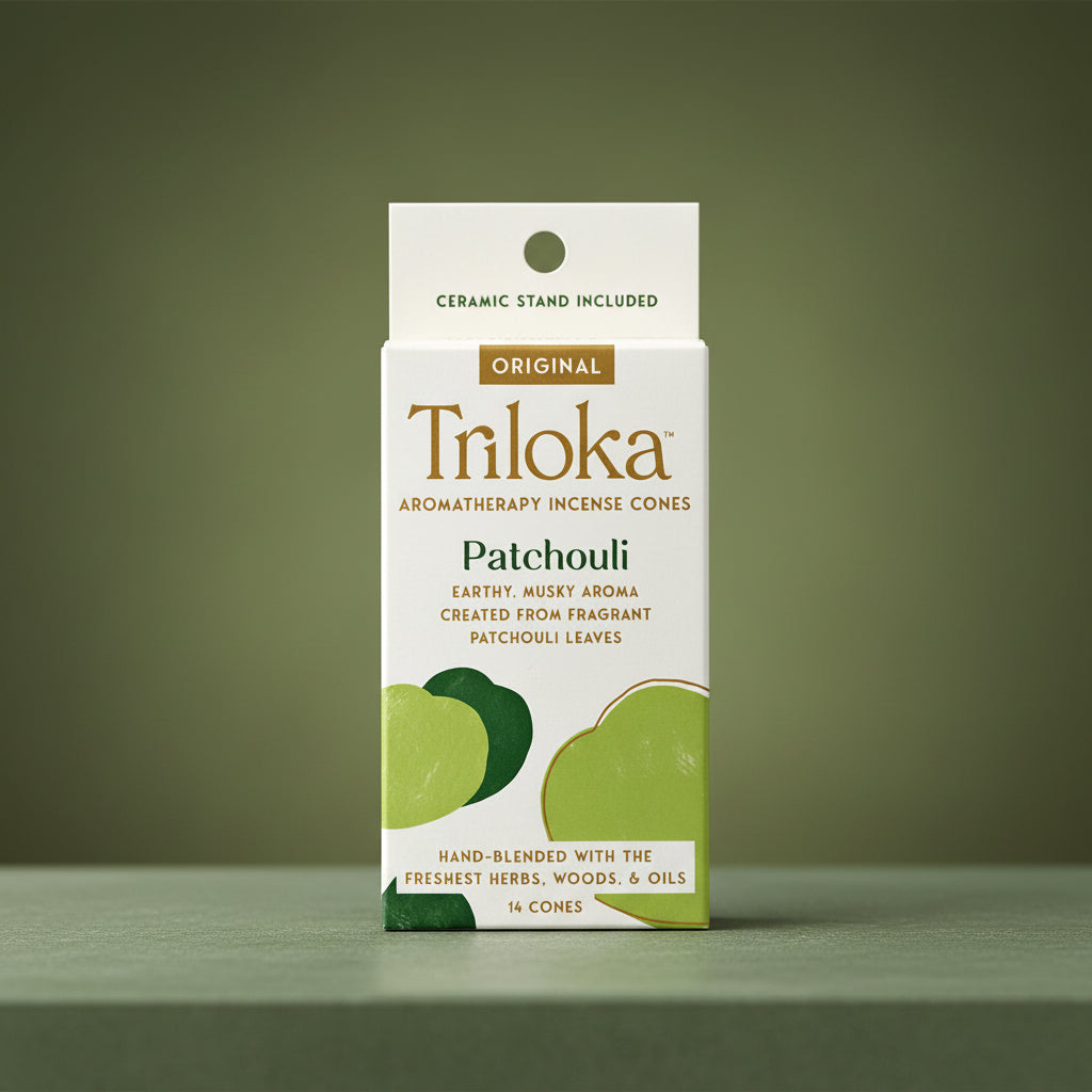 Triloka Patchouli Incense Cones for meditation, relaxation, and daily aromatherapy use.