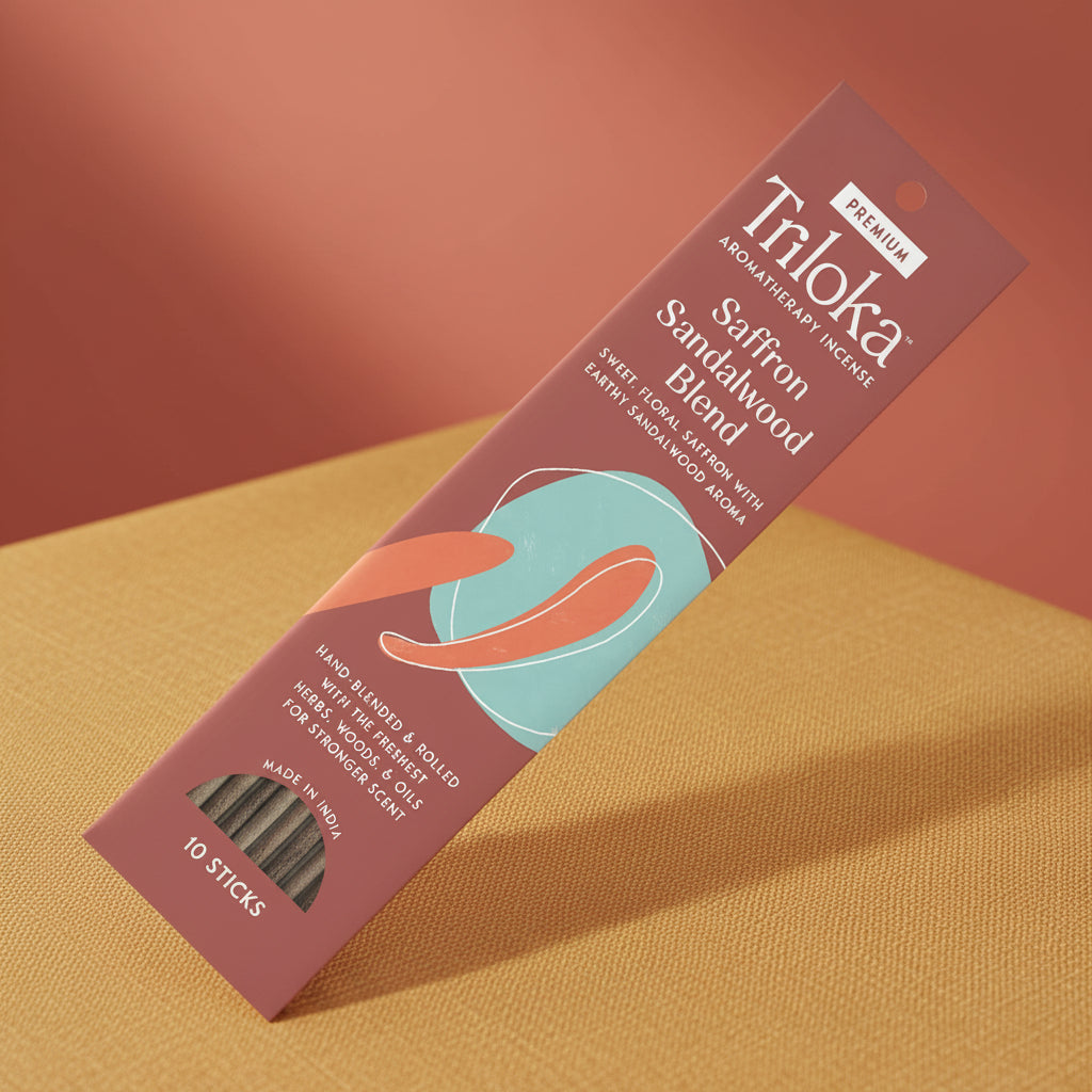Triloka Saffron Sandalwood Blend premium incense sticks for home fragrance, meditation, and relaxation use.