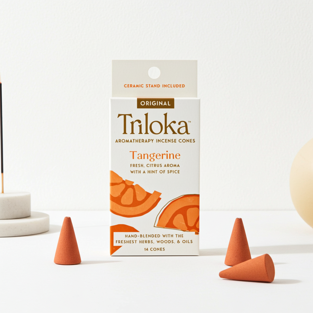 Triloka Tangerine scented incense cones for creating a fresh citrus aroma during meditation, prayer, and daily relaxation.