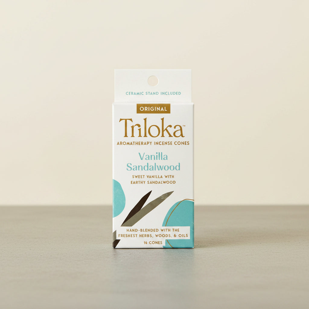 Triloka Vanilla Sandalwood Incense Cones for meditation, relaxation, and daily aromatherapy use.