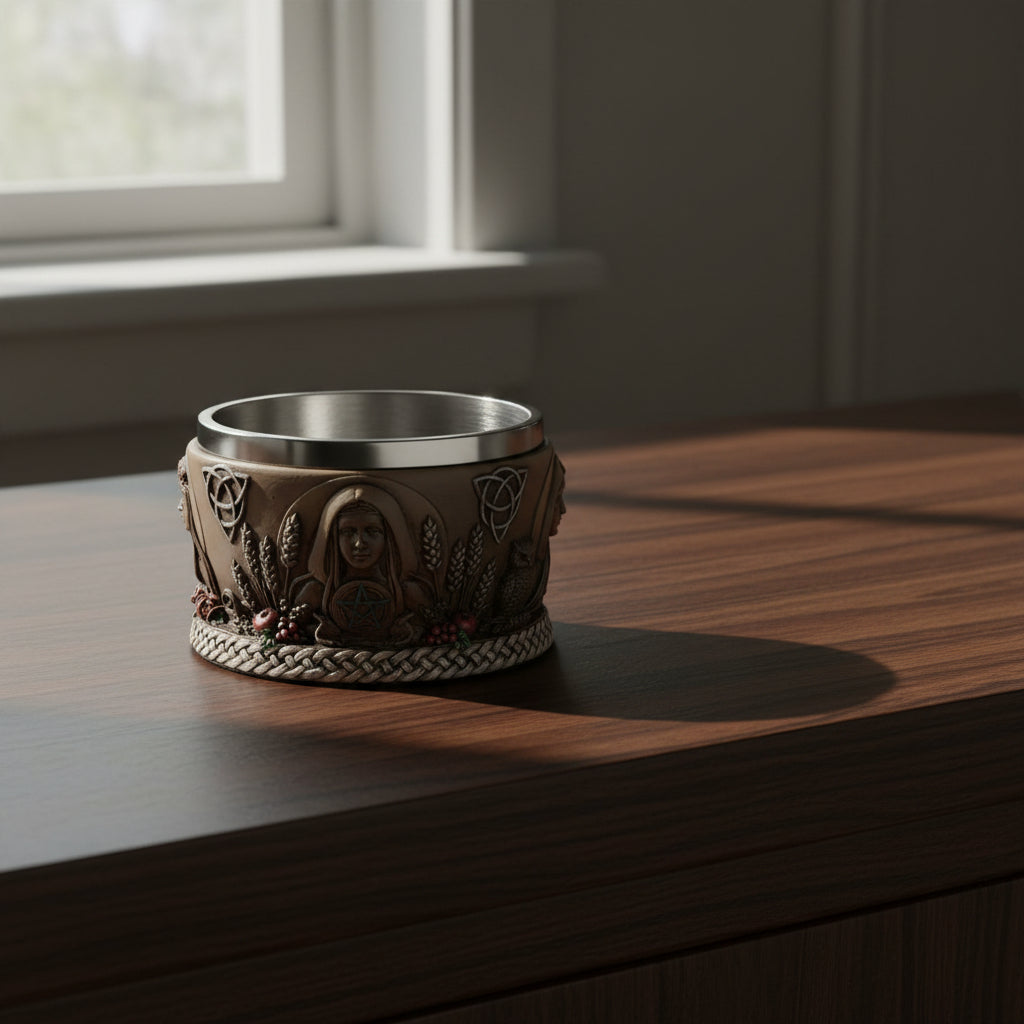 Triple Goddess ceramic smudge bowl for holding herbs, resin, and incense during altar and ritual use.