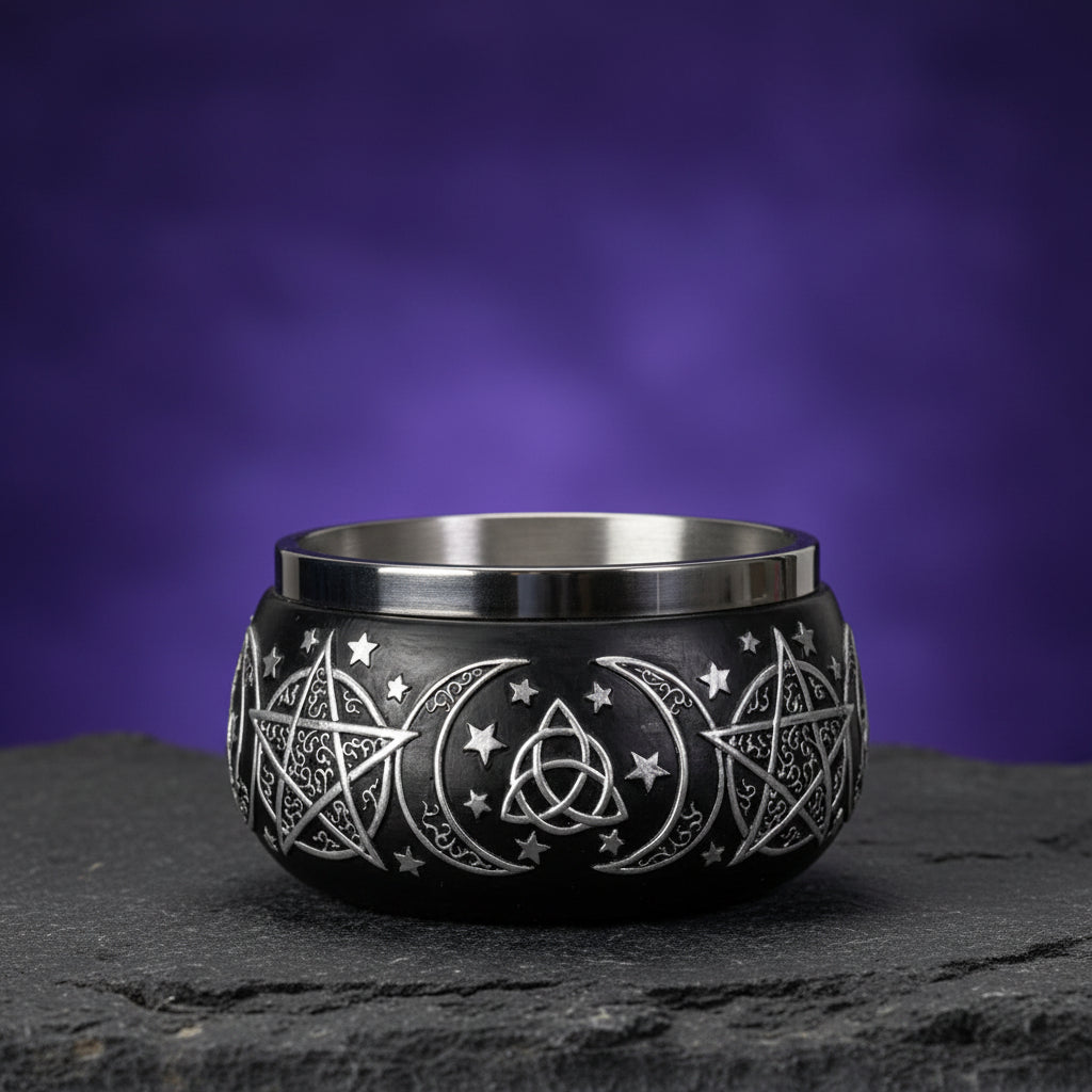 Triple Moon Pentagram smudge bowl ceramic holder for burning herbs, incense, and ritual cleansing use.