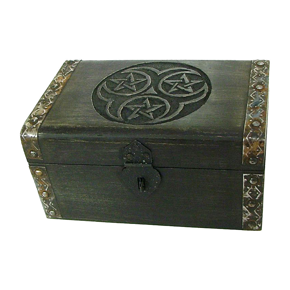 Triple Pentagram Wooden Chest with latch for storing crystals, tarot cards, and altar keepsakes.