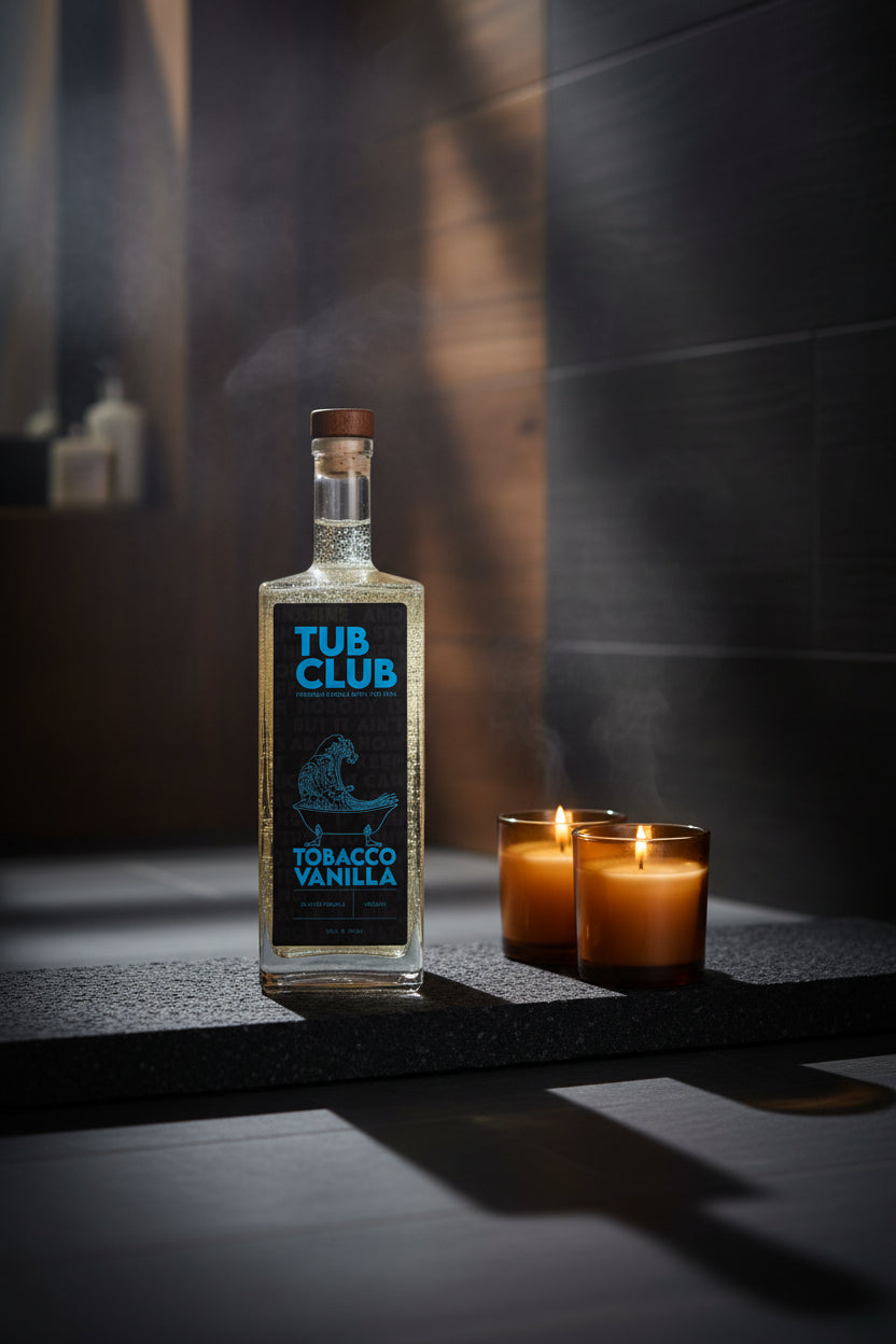 Tub Club Tobacco Vanilla bubble soak in black glass bottle for luxurious bathing, relaxation, and self-care.