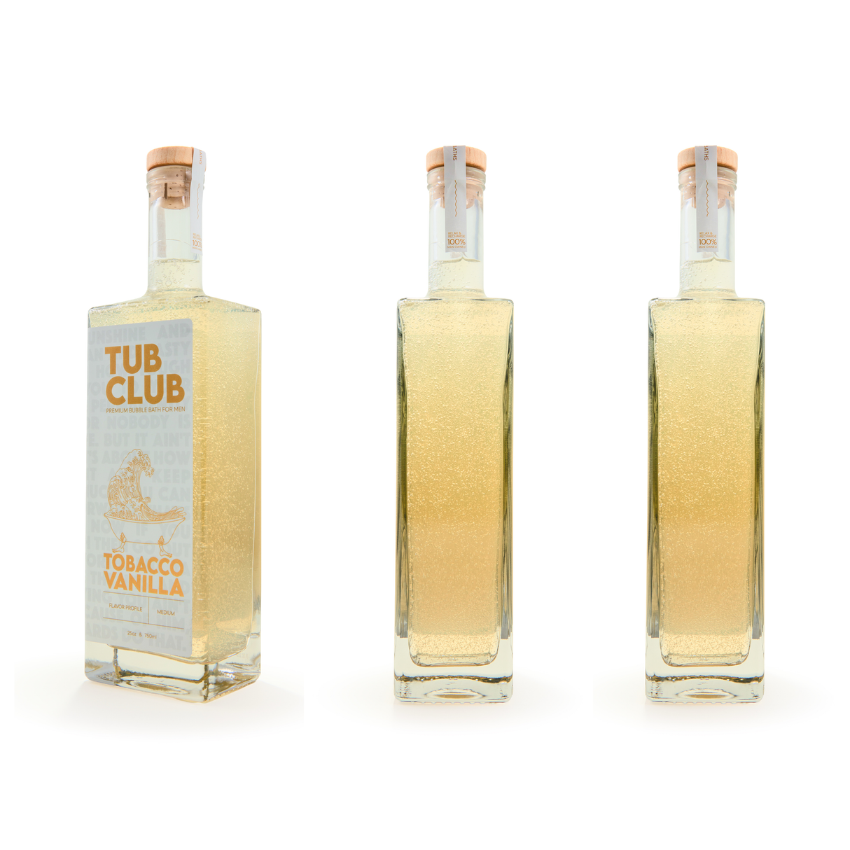 Tub Club Tobacco Vanilla bubble soak bottle for relaxing baths, rich bubbles, and comforting body soak use.