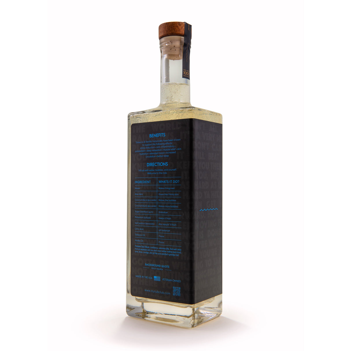 Tub Club Tobacco Vanilla bubble soak bottle for soothing bath sessions, foamy soaking, and daily bath use.