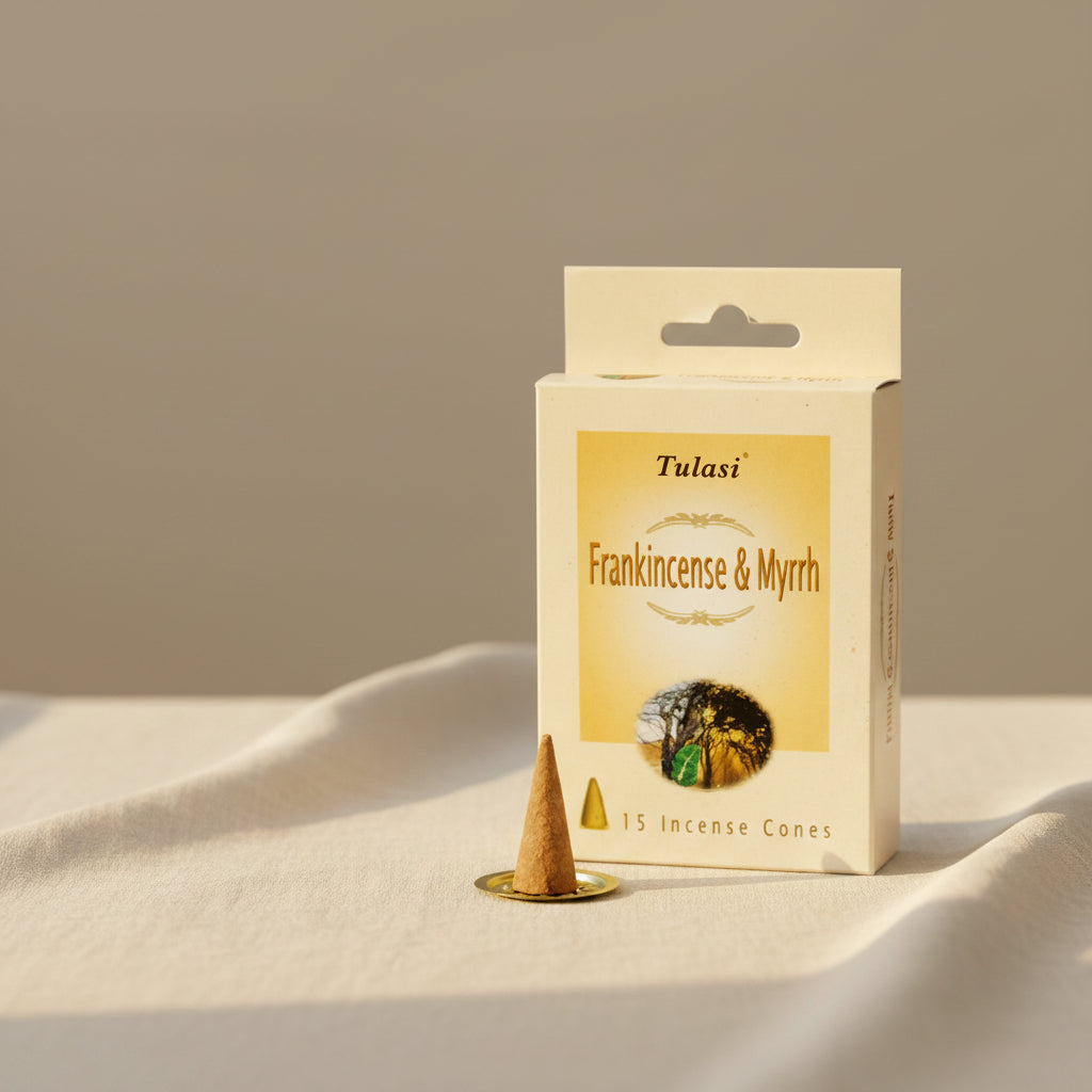 Tulasi Frankincense and Myrrh Incense Cones for meditation, relaxation, and romantic ambiance.