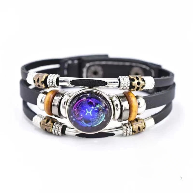 Twelve Constellations layered leather bracelet for stacked wrist looks, zodiac-inspired fashion, and everyday accessory wear.