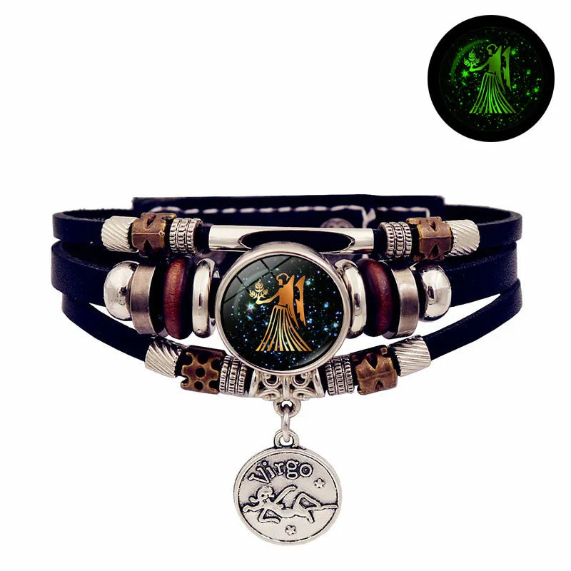 Unisex celestial zodiac leather bracelet for horoscope-inspired outfits, fashion-forward daily wear, and glowing accessory use.