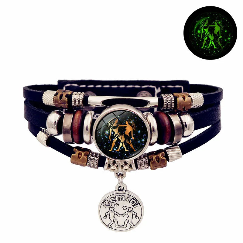 Unisex leather bracelet with luminous zodiac design for casual styling, horoscope-inspired fashion use, and daily accessory wear.