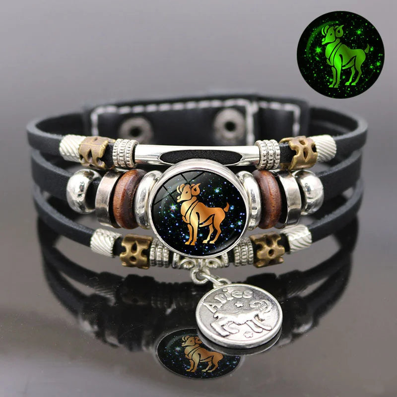 Unisex Luminous Zodiac Constellation leather bracelet for astrology-themed outfits, daily accessory use, and glow-inspired fashion looks.