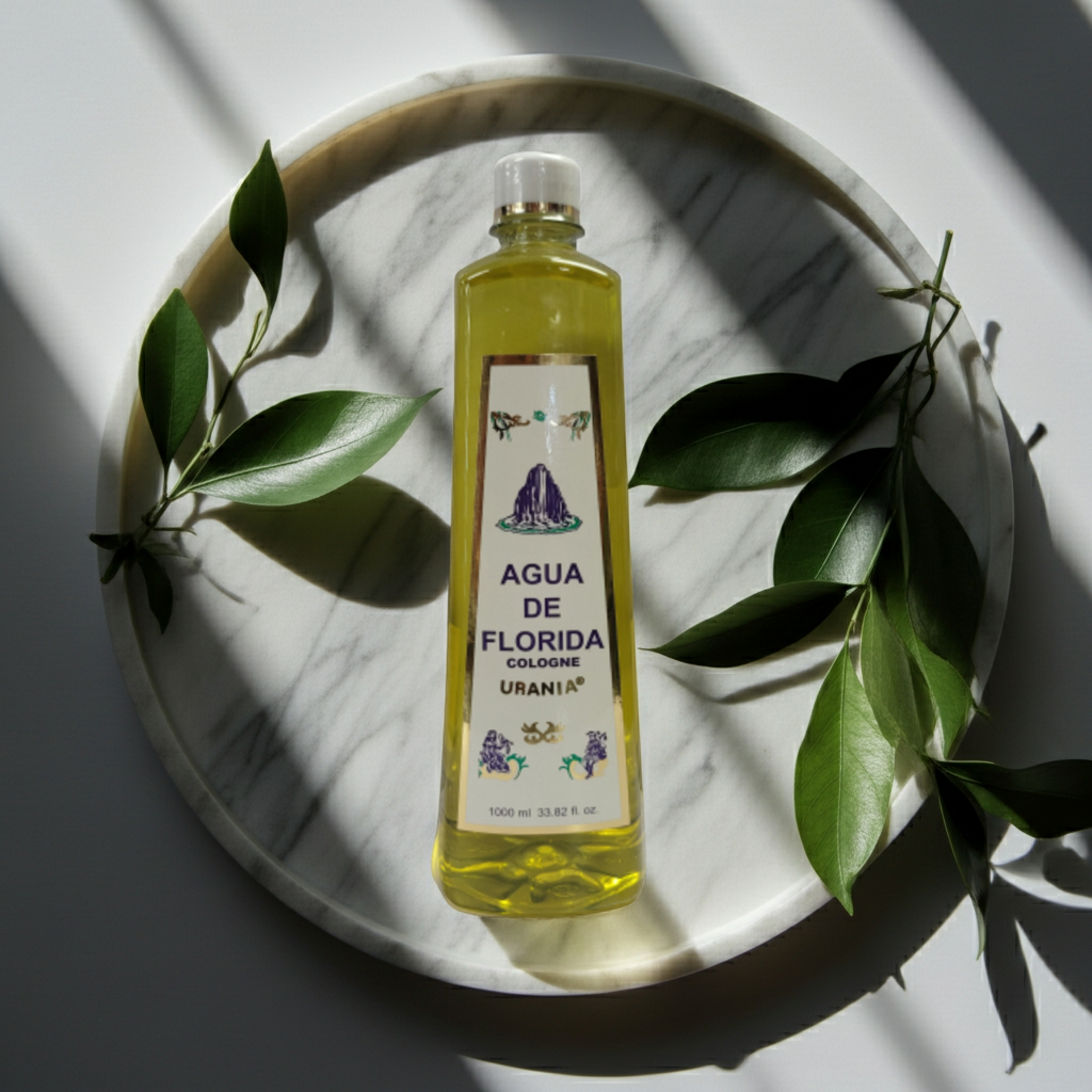 Urania Agua De Florida Cologne in 1000ml bottle shown for retail display and spiritual fragrance use.
