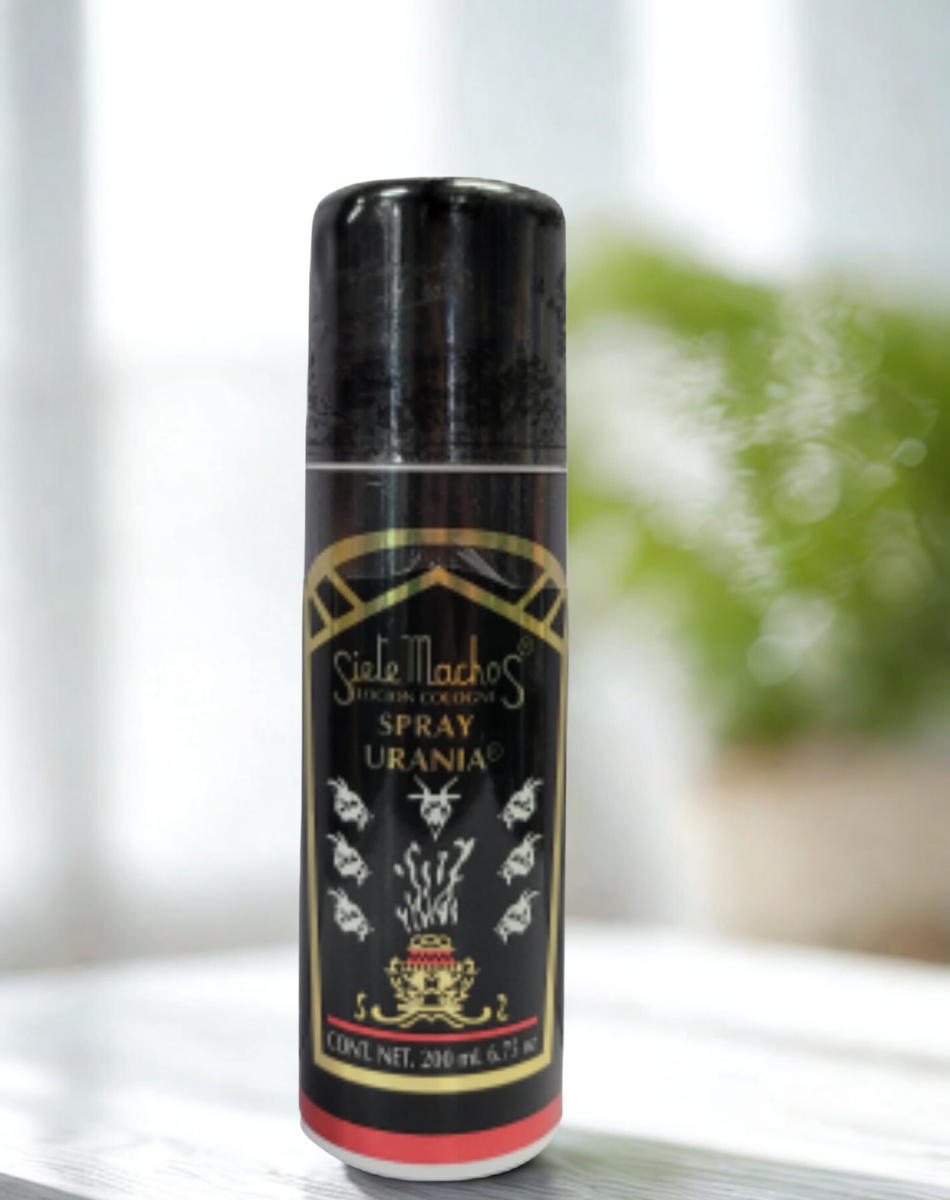 Urania Siete Machos protection spray bottle for clearing negative energy, blessing spaces, and devotional use.