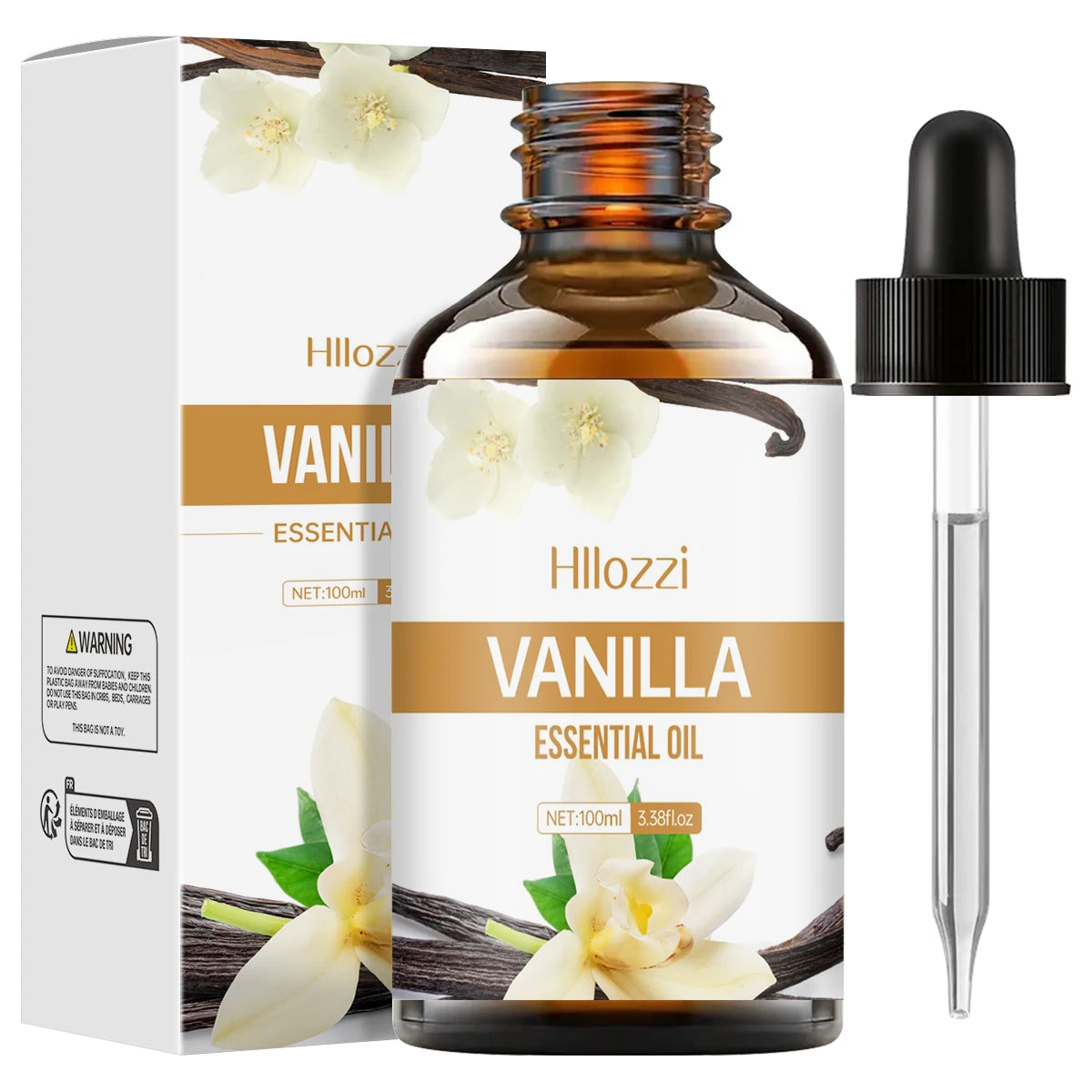 Vanilla essential oil bottle for aromatherapy, skincare routines, and DIY beauty blends.