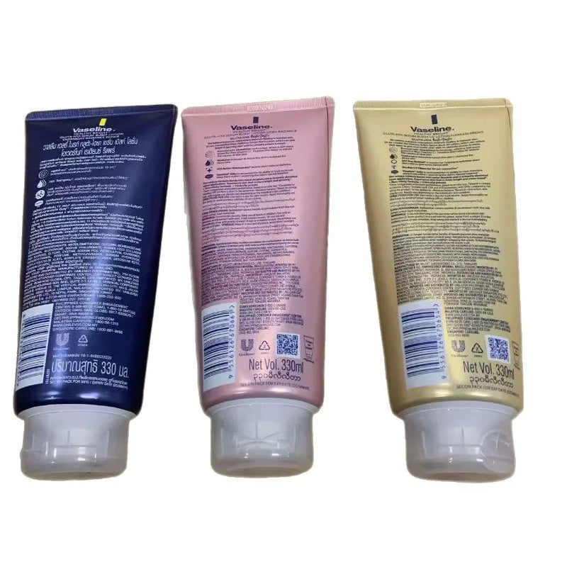 Vaseline Niacinamide Body Lotion in Yellow, Pink, and Blue color variants on a white background.