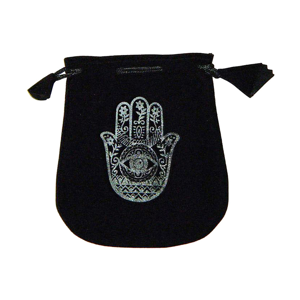 Velvet pouch with Hemsa symbol embroidery for storing crystals, tarot cards, and small ritual items