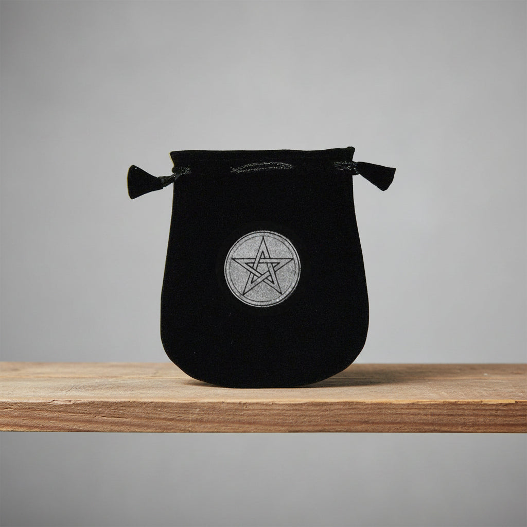 Velvet pouch with Pentagram symbol embroidery for storing crystals, tarot cards, and small ritual items