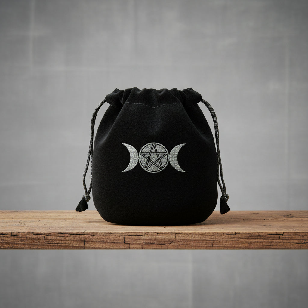 Velvet pouch with Triple Moon and Pentagram symbol embroidery for storing crystals, tarot cards, and small ritual items