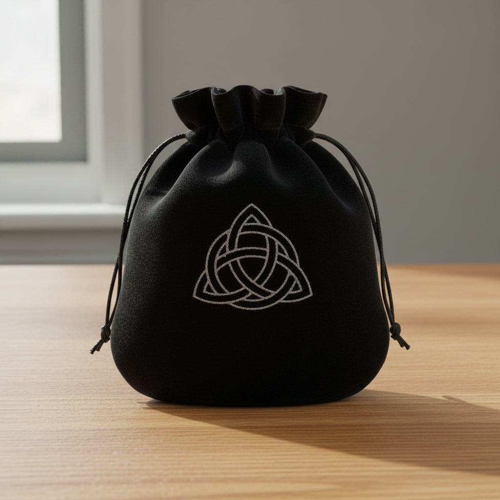 Velvet pouch with Triquetra symbol embroidery for storing crystals, tarot cards, and small ritual items