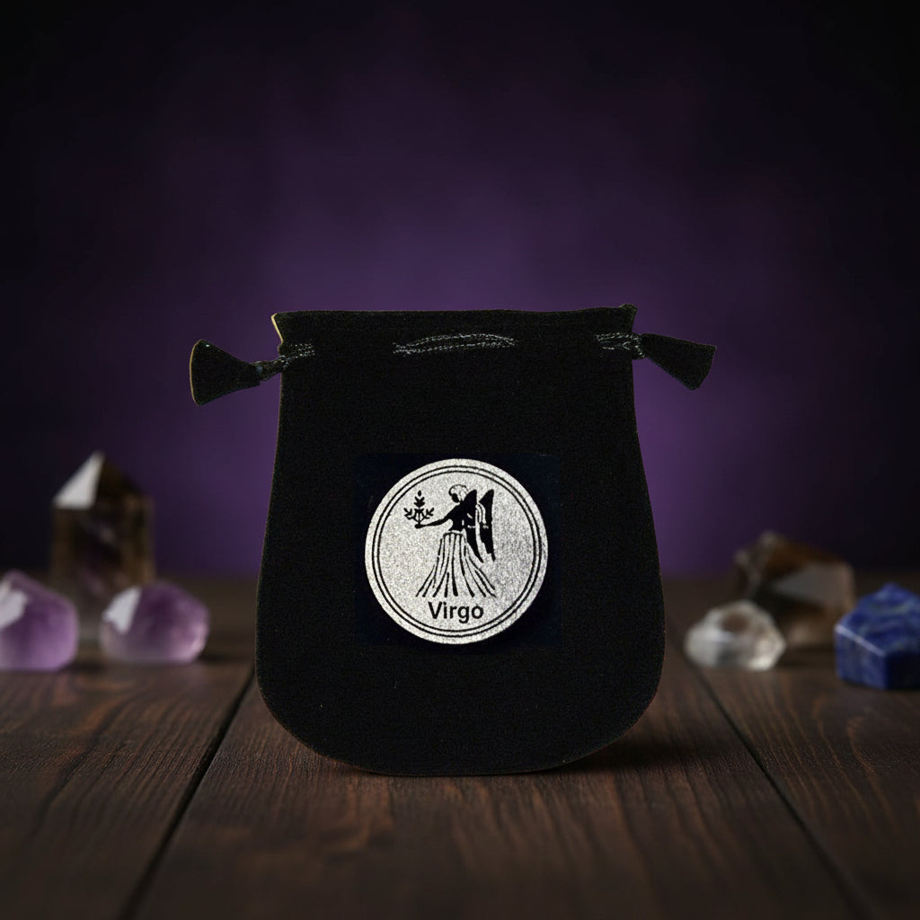 Velvet pouch with Virgo zodiac symbol embroidery for storing crystals, tarot cards, and small ritual items