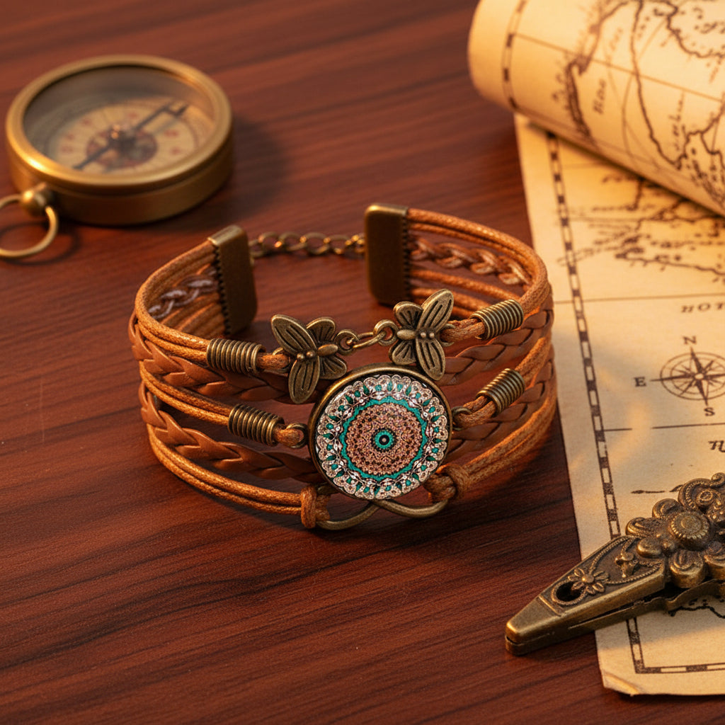 Vintage Mandala Flower Leather Wrap Bracelet leather wrap bracelet for boho fashion styling, casual wear, and everyday accessory use.