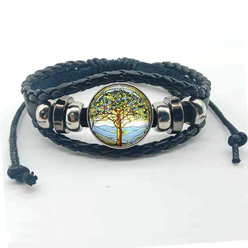 Vintage Tree of Life leather wrap bracelet with multilayer design for bohemian styling and daily accessory wear.
