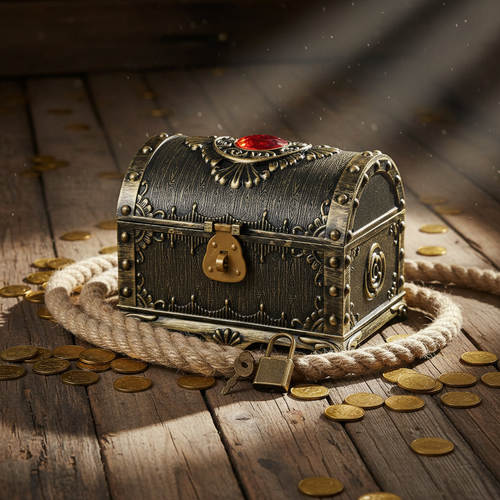 Vintage wooden treasure chest keepsake box for storing jewelry, souvenirs, and small personal keepsakes.