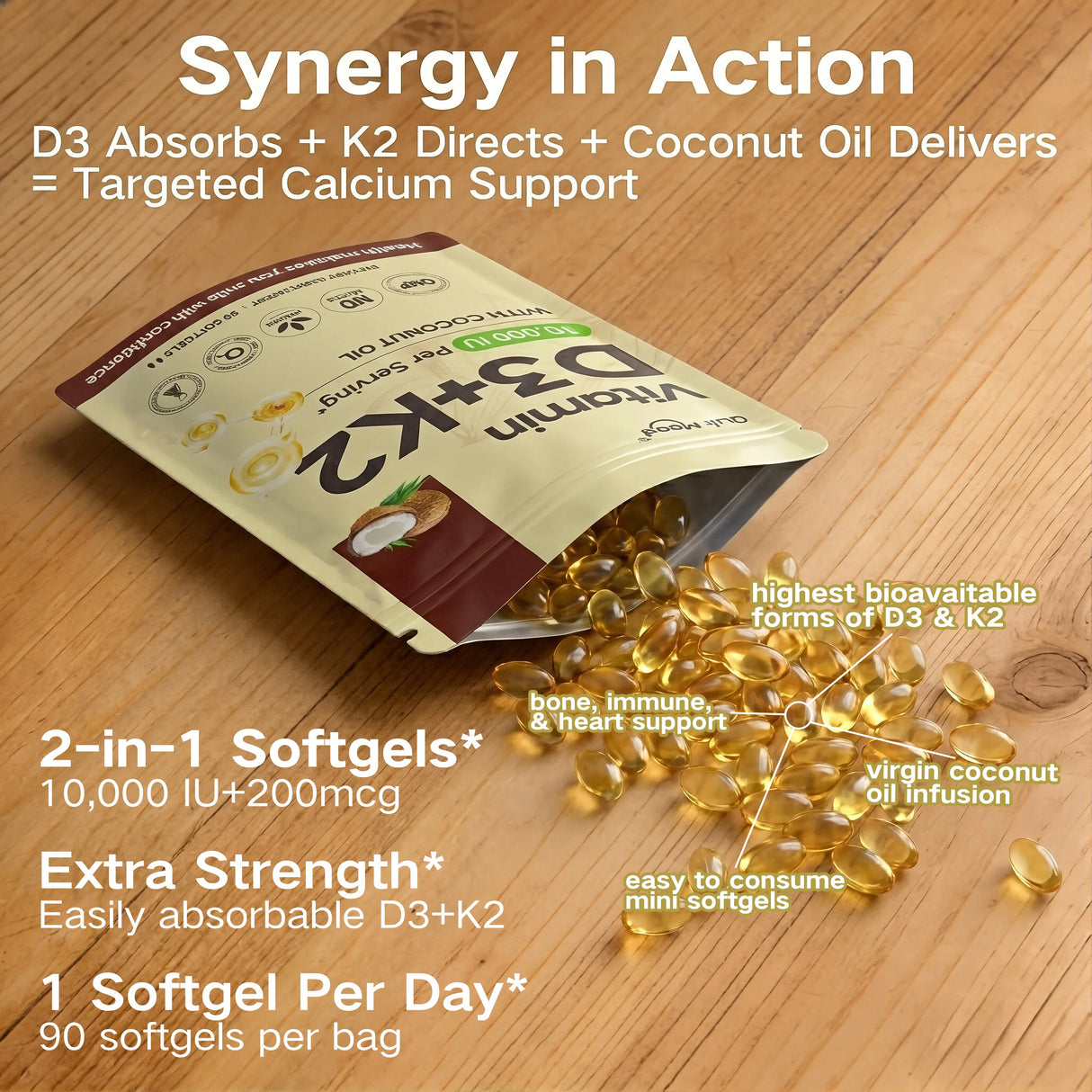 Vitamin D3K2 vitamin supplement soft capsules for supporting calcium absorption and routine wellness supplementation.