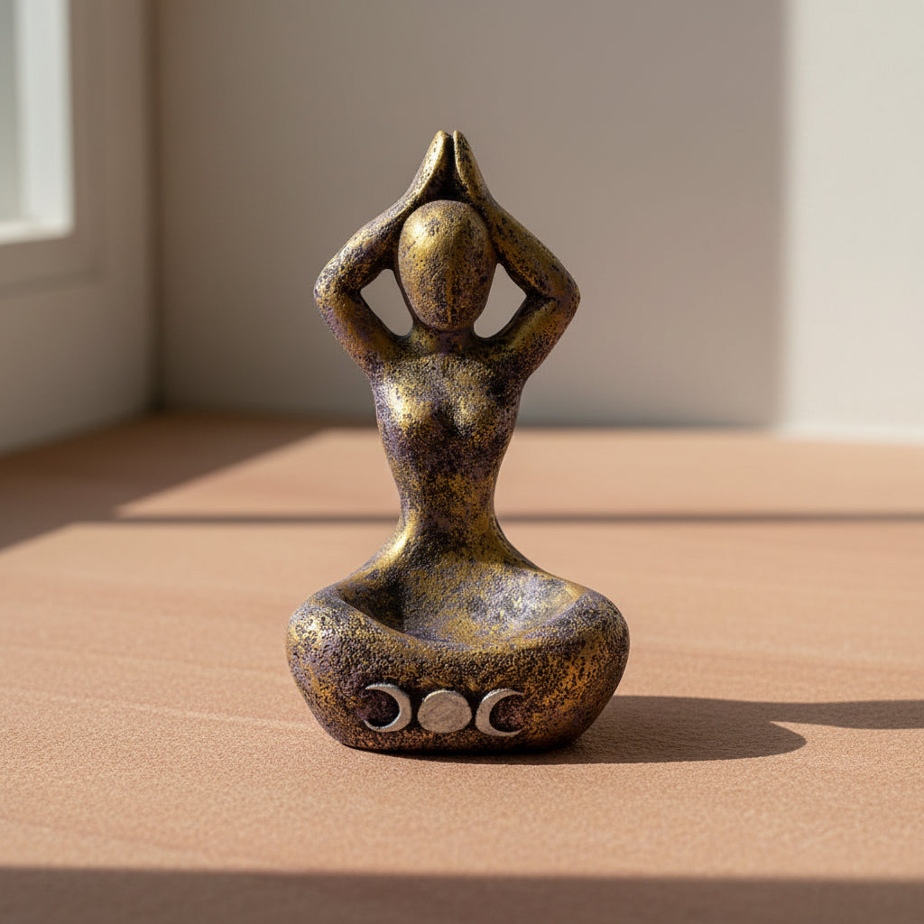 Volcanic Stone Statue Triple Moon Yoga Goddess figurine for altar decor, meditation spaces, and spiritual practice.