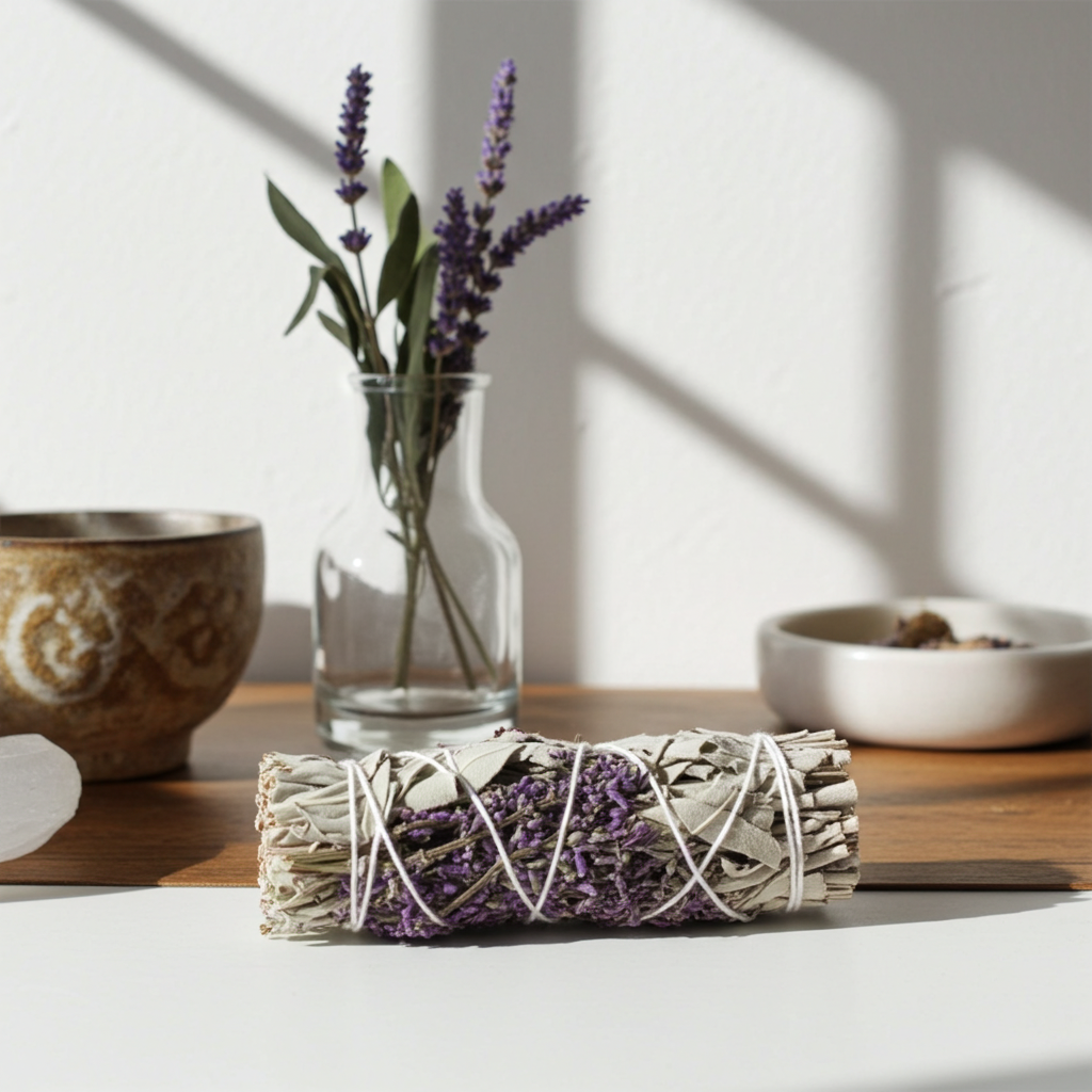 White Sage & Purple Royal Lavender Flower smudge stick bundle for spiritual cleansing, meditation, and energy clearing.