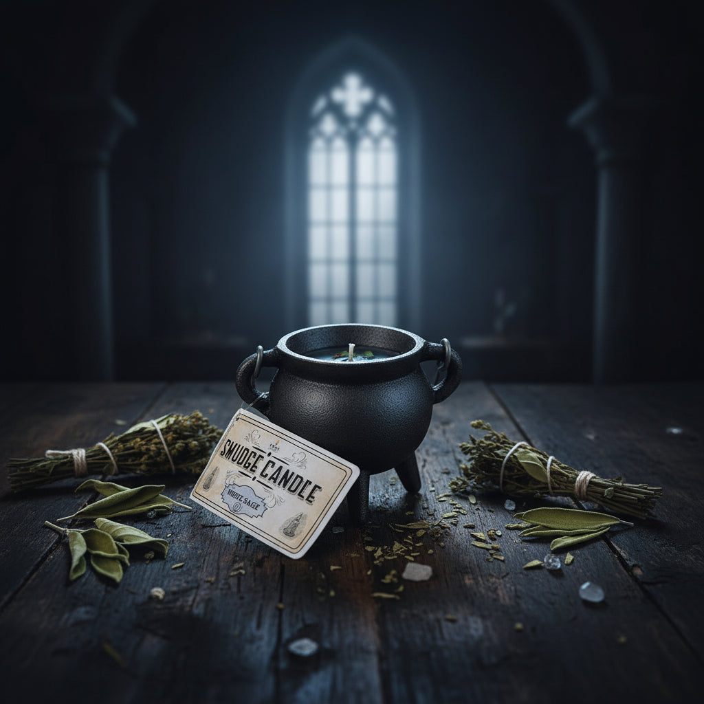 White Sage Smudge Candle in cast iron cauldron for spiritual cleansing, meditation, and ritual use.
