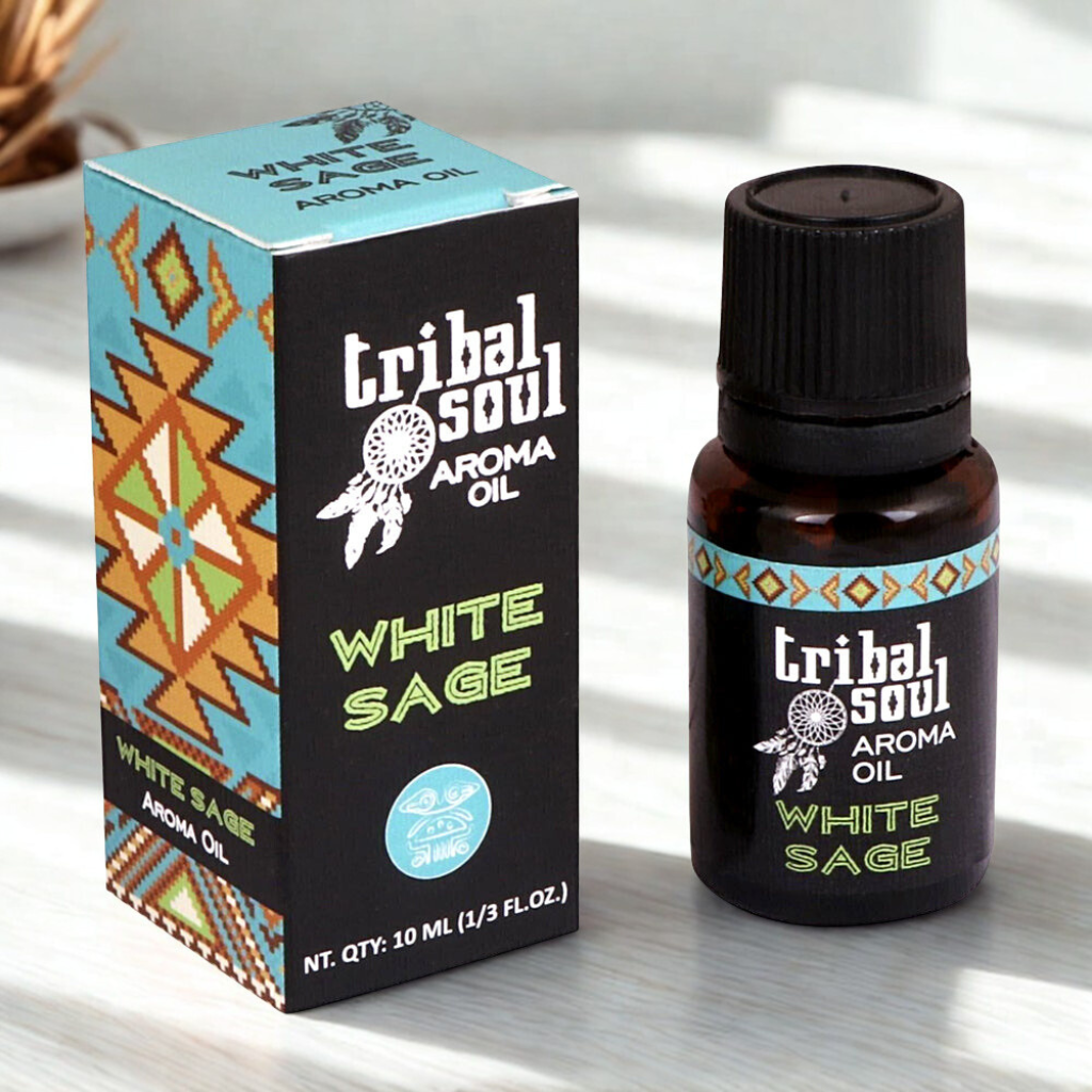 Tribal Soul White Sage aroma oil shown in a bottle for calming scent and aromatic use.