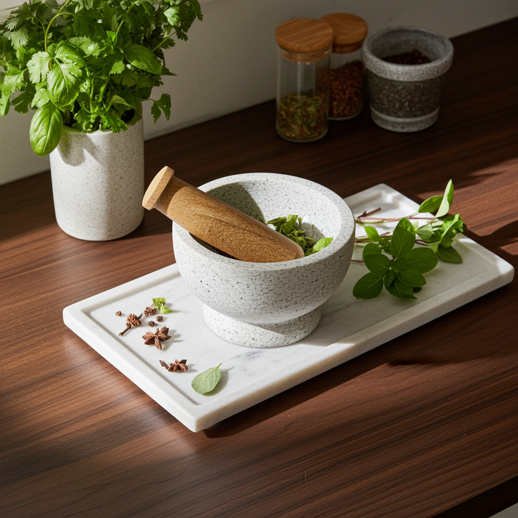 White terrazzo mortar with acacia wood pestle for grinding spices, herbs, and seasonings in everyday kitchen prep.