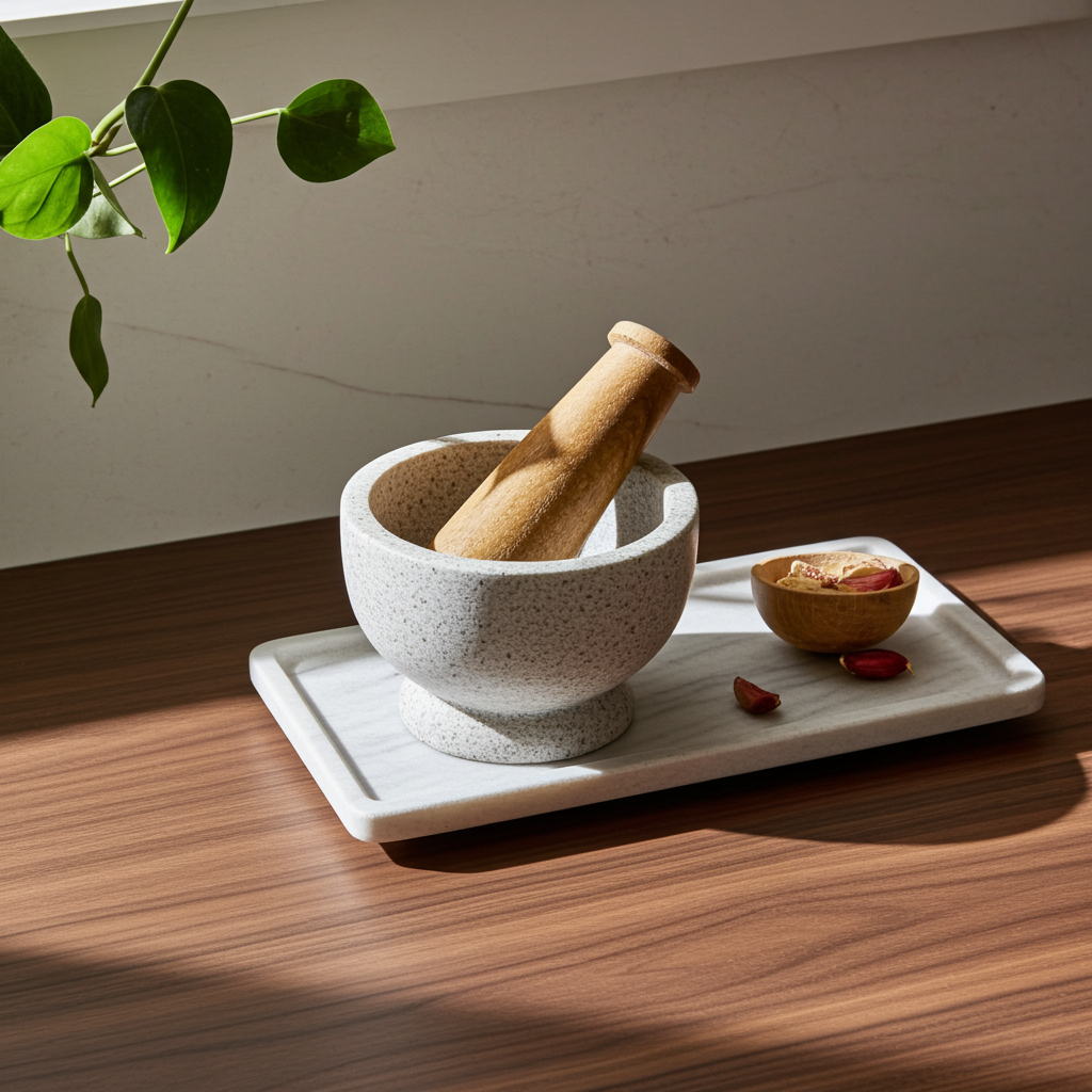 White terrazzo mortar and acacia wood pestle set for crushing garlic, herbs, and whole spices for cooking.