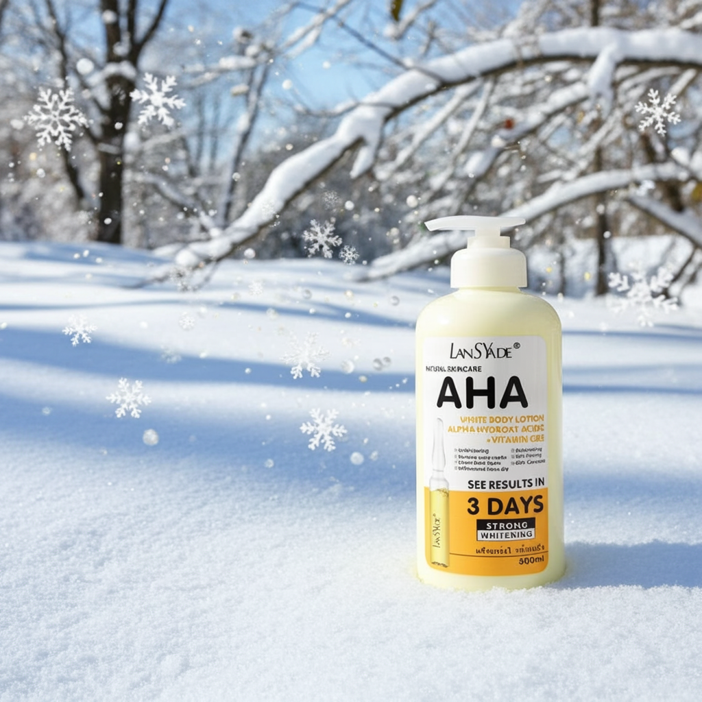 Whitening body lotion bottle with AHA, Vitamin C, and Vitamin E for hydrating the body, supporting smoother skin, and daily lotion application.