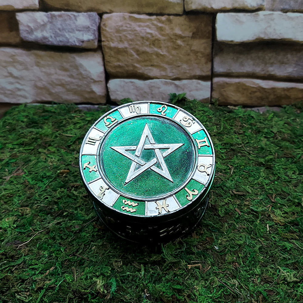 Witchcraft pentacle keepsake box for holding spiritual tools, herbs, and sacred small items.
