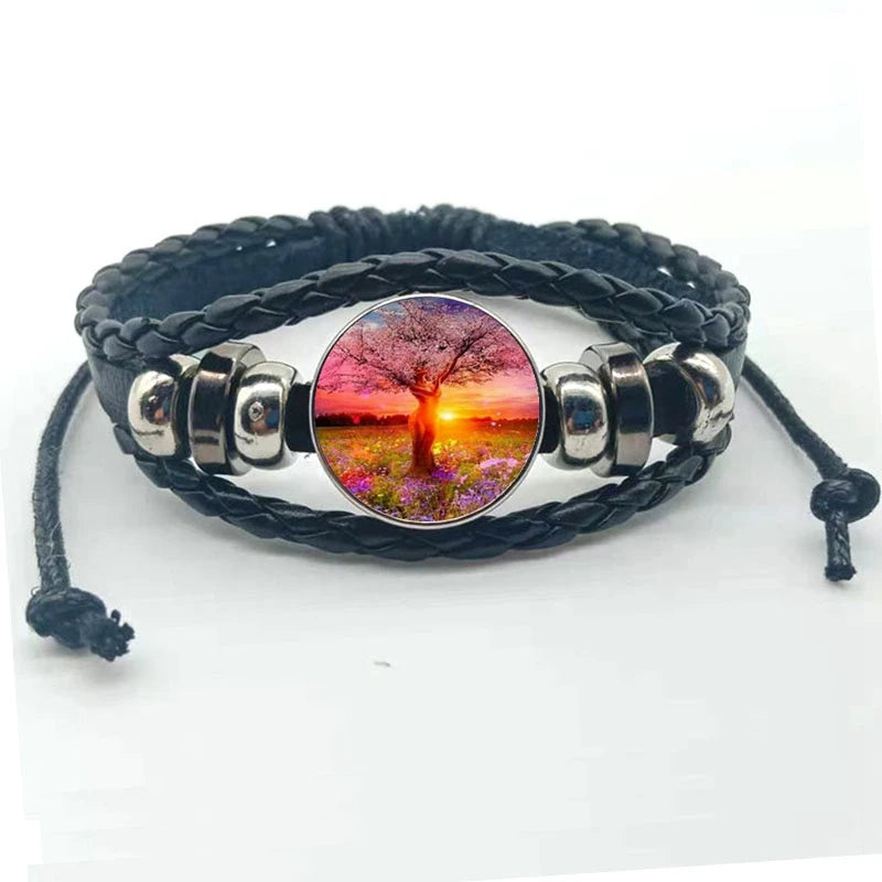 Women’s Tree of Life multilayer bracelet with leather bands for fashionable wrist wear and daily outfit accessorizing.