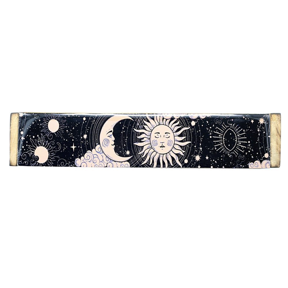 Sun and Moon Wooden Coffin Box incense burner with carved design for burning incense during prayer, cleansing, and home fragrance use.