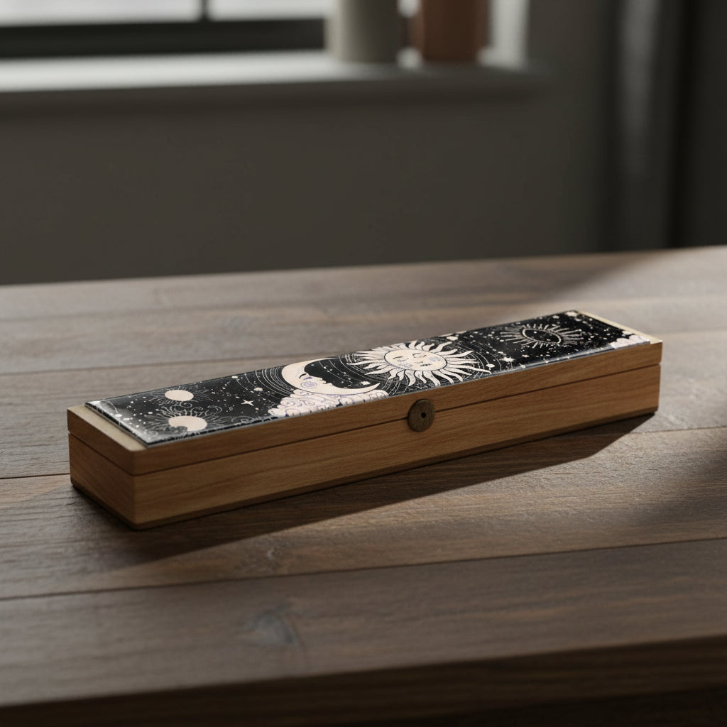 Sun and Moon Wooden Coffin Box incense burner with carved design for burning incense during prayer, cleansing, and home fragrance use.