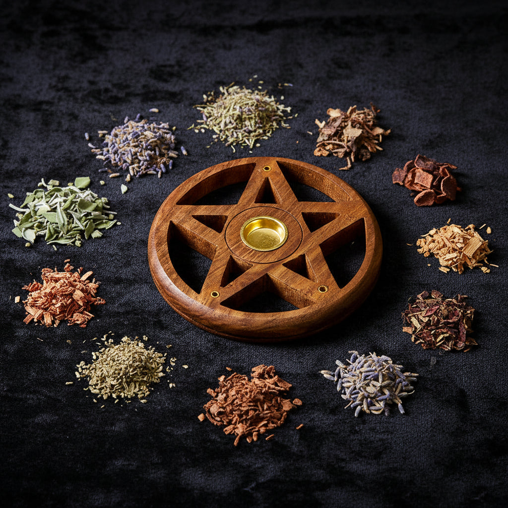 Wooden Pentacle incense burner for burning incense sticks during ritual and altar use