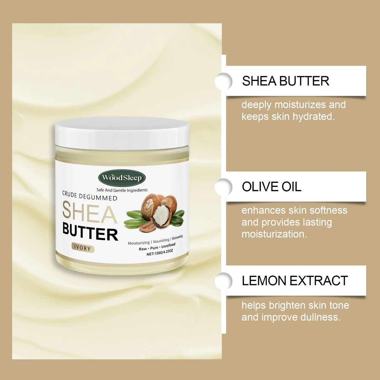 WOODSLEEP Shea Butter Deep Hydration Body Cream jar on beige background highlighting key skin benefits.