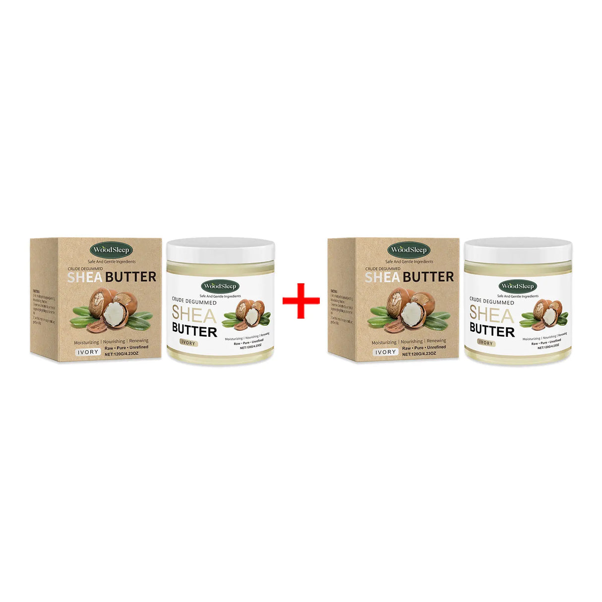 WOODSLEEP Shea Butter Deep Hydration Body Cream two container sizes with packaging on white background.